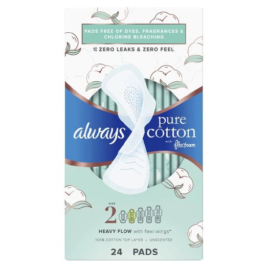 Always Pure Cotton with FlexFoam Pads, Heavy Absorbency, with Wings, Unscented