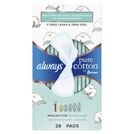 Always Pure Cotton with FlexFoam Pads Regular Absorbency, with Wings, Unscented