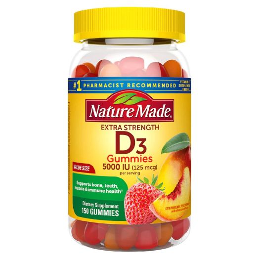 Nature Made Extra Strength Vitamin D3 5000 IU (125 mcg) Gummies Strawberry, Peach, Mango