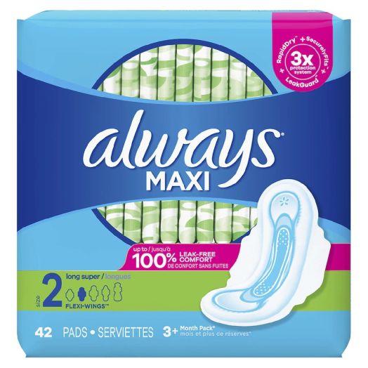Always Maxi Pads Size 2 Long Super Unscented with Wings Unscented, Size 2