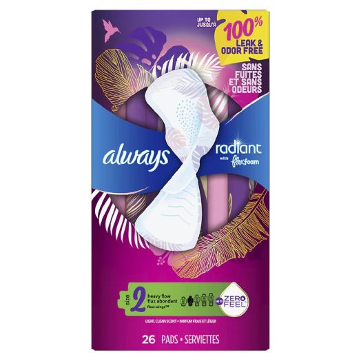 Always FlexFoam Pads for Women Size 2, Heavy Flow with Wings Scented Light Clean Scent, Size 2