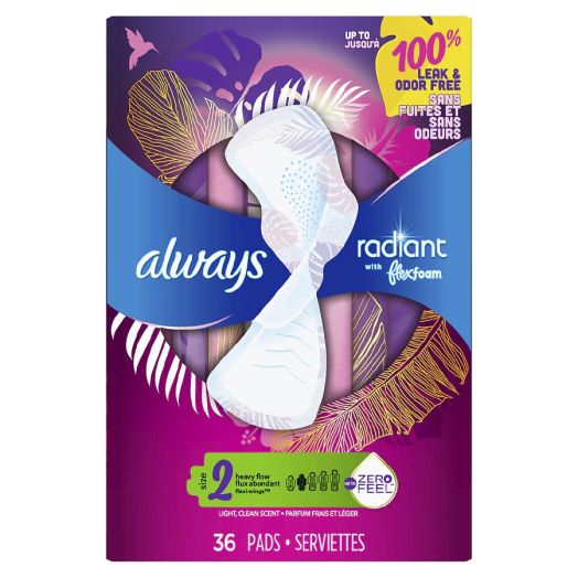 Always FlexFoam Pads for Women, Heavy Flow Absorbency, with Wings, Scented Light, Clean Scent, Size 2