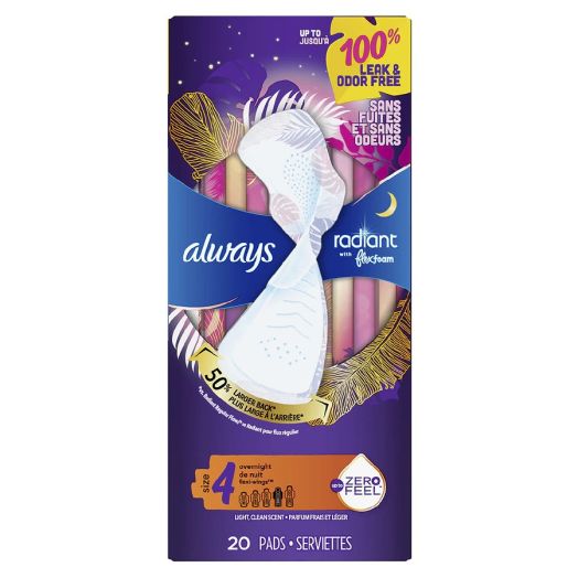 Always FlexFoam Pads for Women, Overnight with Wings, Scented Size 4