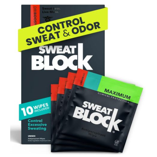 SweatBlock Clinical Strength DRIBOOST Antiperspirant Wipes - Treat Hyperhidrosis & Excessive Sweating for Men & Women - Up to 7 Days Sweat Protection Per Wipe - Dermatologist Tested, Unscented,10 ct.