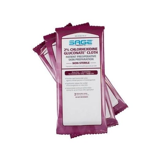 Sage 2% Chlorhexidine Gluconate CHG Preoperative Skin Prep Cloths, 2 per Packet