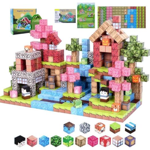 SHYUJAJIE 128 Pieces Magnetic Cube Blocks for Kids, Magnetic Building Blocks Build Your Own 3D Fun World, Best Gifts for 3+ Ages Girls Boys