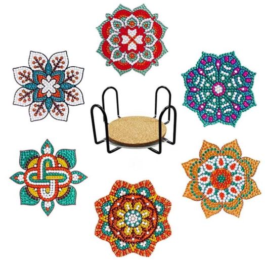 SINKOO 6 Pieces Mandala Diamond Art Coasters with Holder, ,Diamond Painting Kits,Diamond Art Coasters for Beginners Adults,Perfect Art Craft Supplies Gift(Mandala Style1)
