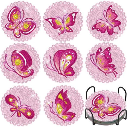 Sinkoo 8 Pcs Diamond Art Painting Coasters Kits with Holder, Pink Butterfly Diamond Art Coasters, DIY Diamond Crafts, Diamond Dot Kits for Adults Beginners