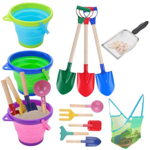 sixwipe 14 Pcs Beach Sand Toy, Collapsible Foldable Beach Sand Buckets and Shovels Set, Beach Toys for Kids with Mesh Bag, Silicone Beach Sand Pails for Travel, Kid, Toddlers