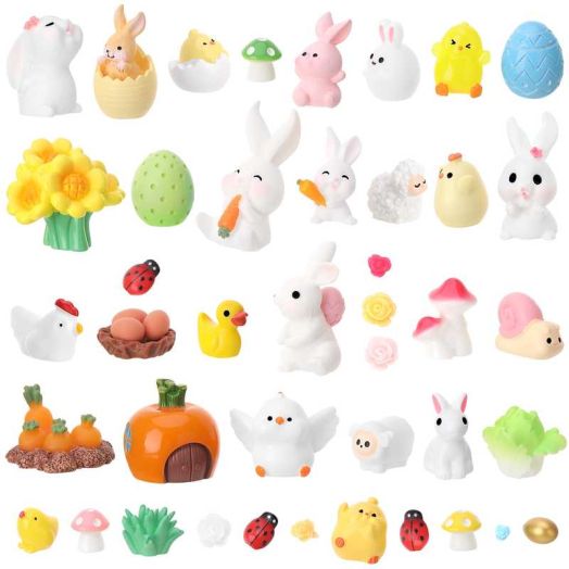 sixwipe 45 Pcs Easter Mini Resin Figurines, Miniature Sculptures Small Farm Bunny Chick Fairy Garden Decor for Dollhouse Easter Egg Fillers Party Favors Supplies DlY Landscape Terrarium