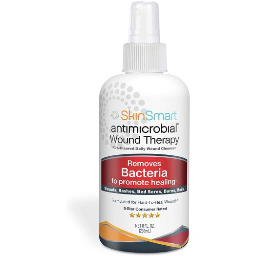 SkinSmart ANTIMICROBIAL Wound Therapy, 8 oz. Clear Hypochlorous Spray. For WOUND CARE, ACNE, SKIN INFECTIONS, FOOT WASH, WOUND WASH, RASHES, HIVES, BURNS, FUNGAL INFECTIONS. NON-STICKY, NO MESS!