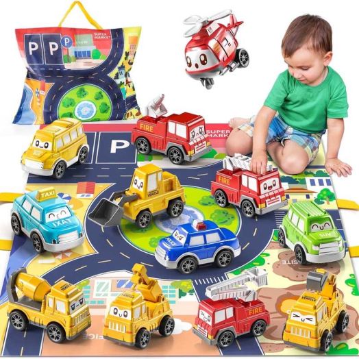 Toddler Pull Back Car Toys for 1 2 3 Year Old Boy Girl, 12 Pieces Baby Toy Cars with Play Mat/Storage Bag, Baby Toys 12-18 Months, Birthday Gifts for Toddler Toys Age 1-2