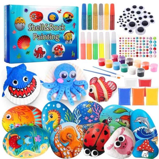 Rock Painting Kit - Glow in The Dark -DIY 10 Natural Rocks+3 Shells, Arts and Crafts Paint Kits, Creativity Gifts for Kids Ages 6+
