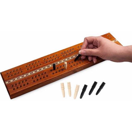 Sterling Games Extra Large Cribbage 16" Wooden Game Board 2 Persons Double Track Board with 1/4" Holes and Italian Inlaid, Large Wooden Pegs