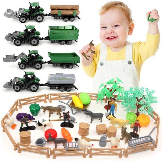 Farm Tractor Toys for Toddlers, 4 pcs Farm Tractor Toy with 50 pcs Farm Animals&Fence Figures, Farm Figures Farmer Truck with Trailer, Toys for Kids 3-6 Years Old