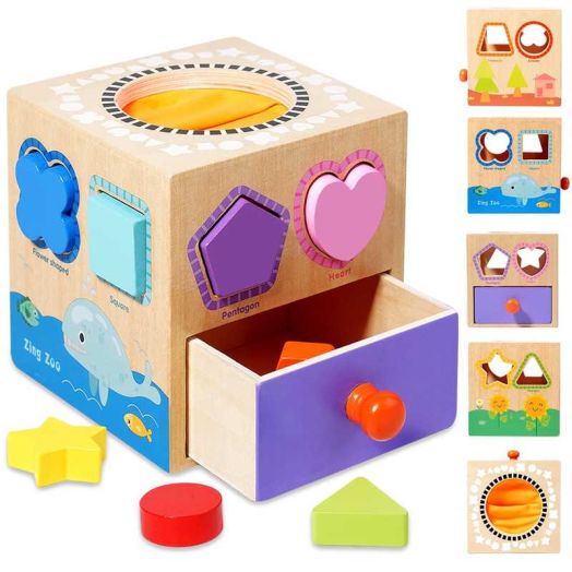 Style-Carry 5-in-1 Montessori Toys for 1 Year Old, Shape Sorting Activity Cube, Wooden Sensory Toys for Toddlers 1-3, Boys Girls Birthday Gift