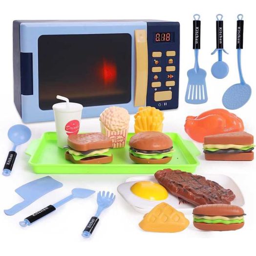 Style-Carry Kids Microwave Toy, Toy Kitchen Appliances, Play Kitchen Accessories and Play Food for Toddlers 3-8 Year Old Girls Boys (Blue)