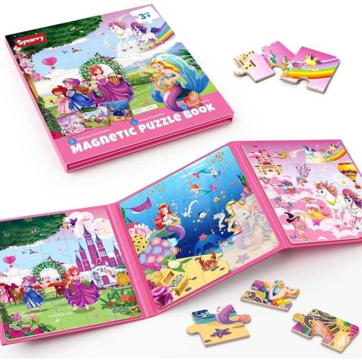 SYNARRY Unicorn Mermaid Princess 3-in-1 Magnetic Puzzles for Girls Kids Ages 3-6, Each Puzzle with 20 Pieces, FSC Certified Jigsaw Puzzle for Kids