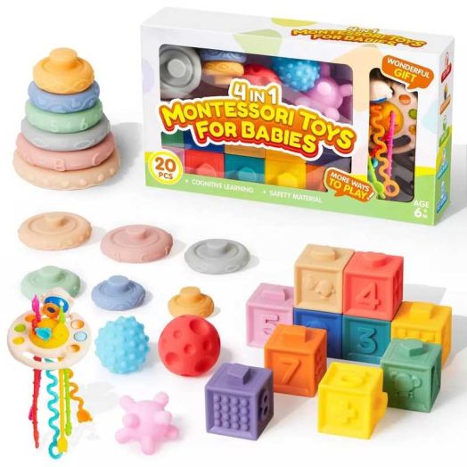 SYNCFUN Montessori Toys for Baby 0-3-6-12 Months, 4-in-1 Food-Grade Sensory Toys, Infant Stacking Circles Teether, Learning Gifts for Baby Girls Boys