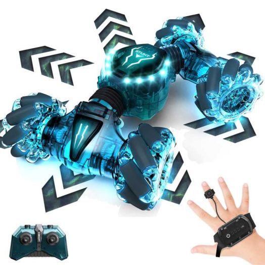 Tecnock Remote Control Car for Boys Girls, 2.4GHz 4WD Gesture Sensing RC Stunt Car Toys - 360° Rotating Double Sided Hand Controlled RC Cars with LED Lights, Gifts for Kids Ages 6-8, 8-12, Red
