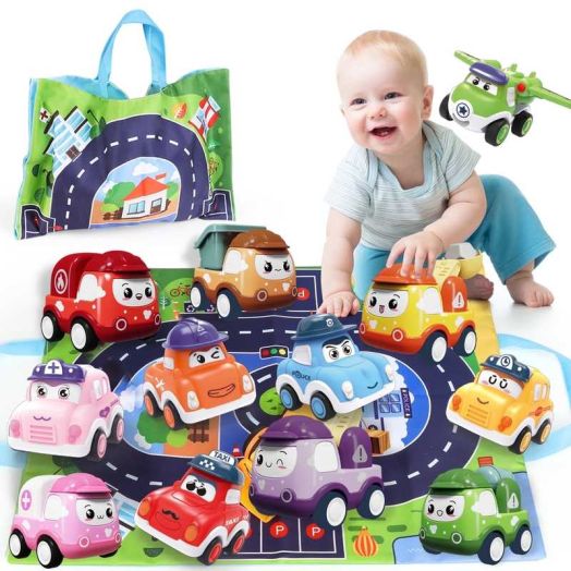 Mini Car Toys for 1 Year Old Boy,12PCS Pull-Back Trucks with Play Mat & Storage Bag for Toddlers Age 1-3, Baby Toys 12-18 Months, Infant Toy Birthday Present for Boy Girl Age 2