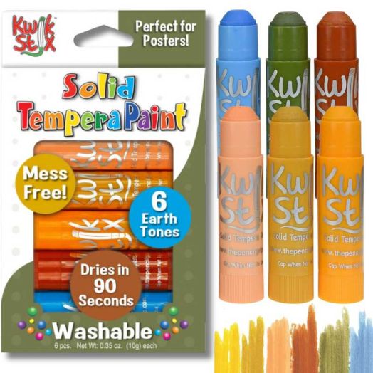 Kwik Stix Tempera Paint Sticks, 6 Earth Tone Colors, Washable, Super Quick Drying, Non-Toxic, Allergen Free, Mess-Free Paint for Kids and Toddlers