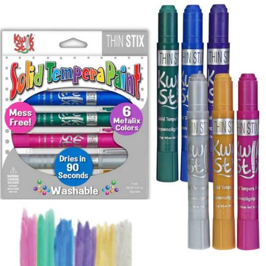 Kwik Stix Thin Stix Solid Tempera Paint Sticks, 6 Count, Metallic Colors, Washable, Quick-Drying, Non-Toxic
