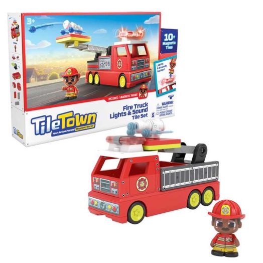 Tile Town Firetruck Magnetic Tiles Building Vehicle Playset With Lights & Sounds + Figure, Kids 3+