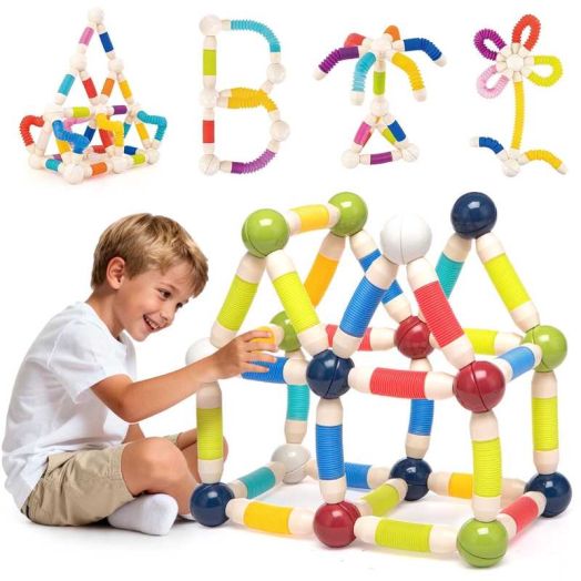 Toiyjofe 48PCS Magnetic STEM Building Toys for Kids, Flexible Tubes & Magnetic Balls Construction Set, Creative 3D Play Kit for Ages 3-6