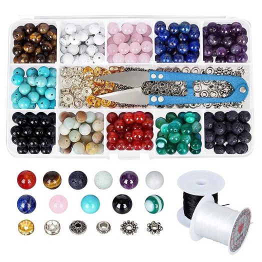 Tonsiki 387PCS Lava Stone Beads Kits, 8mm Round Gemstone Beads with Natural Loose Beads for Bracelet Necklace Earrings Jewelry Making