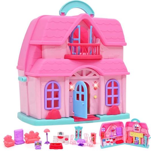 Mini Doll House - 2IN 1 Portable Dollhouse for Little Girl Toys, Play House Set with Light, Sound, Furniture & Accessories for 3-8