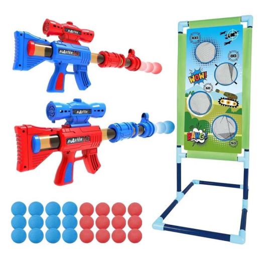 ToyM Shooting Game Toy for 5 6 7 8 9 10+ Years Olds Boys,2pk Foam Ball Popper Air Toy Launcher with Standing Shooting Target,24 Foam Balls, for Kids