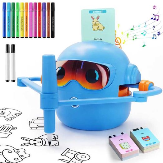 Educational Drawing Robot for Kids Ages 3-8 | Voice Interactive Learning Toys with 100 Word Cards & 12 Color Pens | Montessori Painting Machine for Boys Girls | Birthday Party Gifts (Blue)
