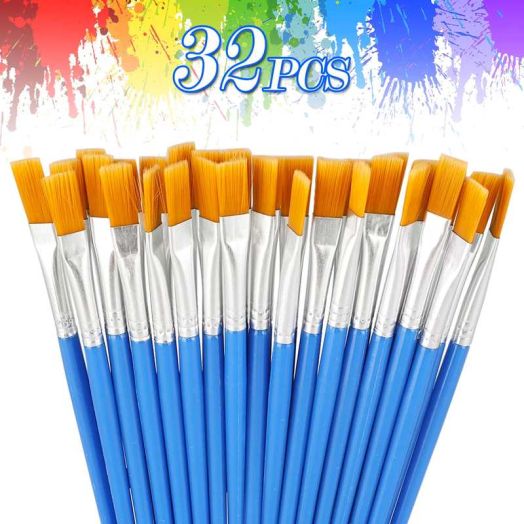 32 Pcs Flat Paint Brushes Set, Nylon Hair Small Brush Bulk for Detail Painting, Acrylic Oil Watercolor Fine Art Painting Flat Tipped Paintbrush Set for Teens, Students, Starter, Adults, Artist