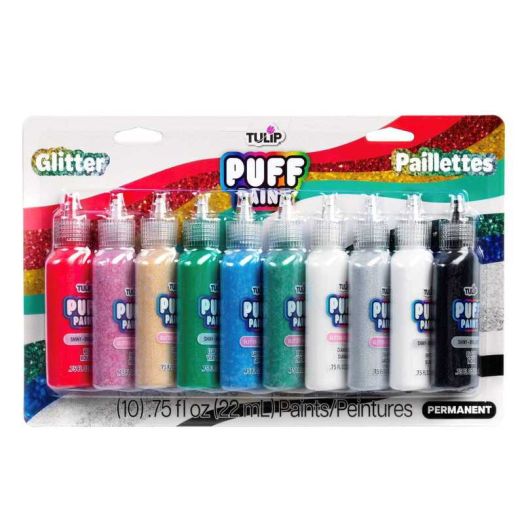 Tulip Glitter Puff Paint Pack, Permanent Multi-Surface Craft Paint for Drawing, Hand Lettering or Dot Art Techniques, Use on Fabrics, Decor, Rock Painting, Egg Painting, Ornaments, 10 Colors