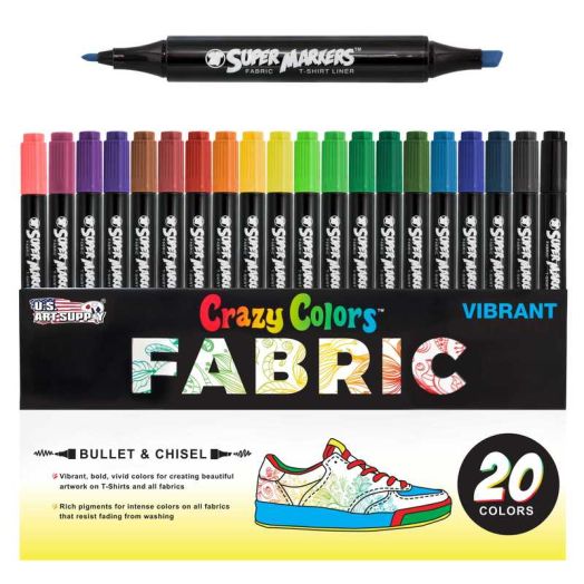Crazy Colors Dual Tip Fabric & T-Shirt Marker 20 Color Set - Bullet & Chisel Tips - Child Safe - Create Art on Clothing