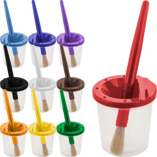 U.S. Art Supply 10 Piece Children's No Spill Paint Cups w/ Colored Lids & 10 Piece Large Round Brush Set w/ Wood Handles