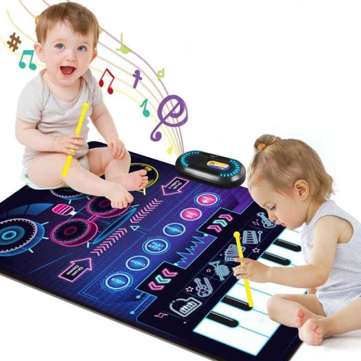 Musical Mat Baby Toys, 2 in 1 Musical Toys Toddler Piano Keyboard & Drum Mat with 2 Sticks,Gifts for 1 2 3 Year Old Boys Girls