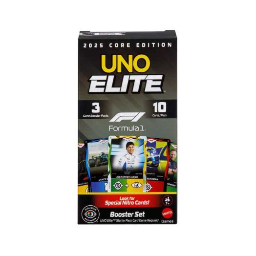 UNO Elite Formula 1 Booster Set with 30 Elite Action Cards, 2025 Core Edition.