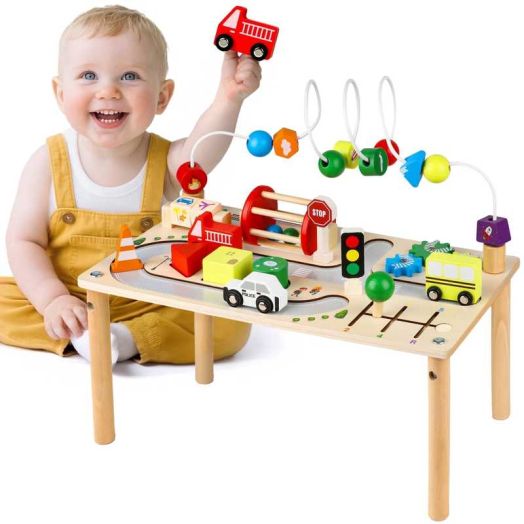 UQN Montessori Toys for 1 2 3 4 Year Old, 7 in 1 Baby Toys for 6-18 Months, Wooden Toddler Activity Table, Kids Traffic Sensory Table, Learning Gifts for Baby Girls Boys, Christmas Birthday Gift