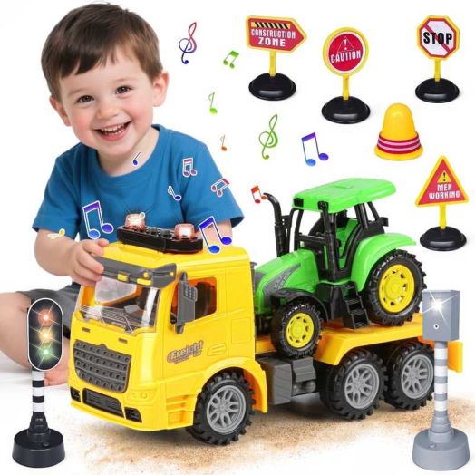 UQN Tow Truck Toy for Boys Age 3-5, Inertia Truck and Trailer Toys for Boys, Construction Tractor Truck Toys, Lights and Sounds, Toddler Truck Toy for Boys,Christmas Birthday Gift for Kids