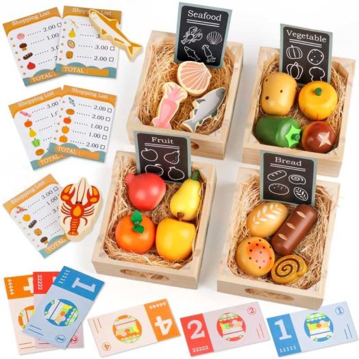 UQN Wooden Play Food Set for Kids Kitchen, Wooden Toy Food,Pretend Play Kitchen Accessories Set, Play Food for Toddlers 1-3, 3 4 5 6 Year Kids Boys Girls Christmas Birthday Gifts