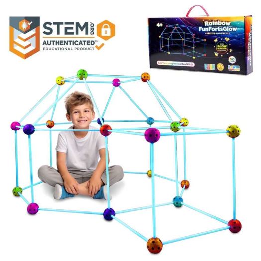 Power Your Fun Forts Construction 90 Pieces Set, Glow in the Dark Building Set with Stickers, Kids Toy for Ages 4+