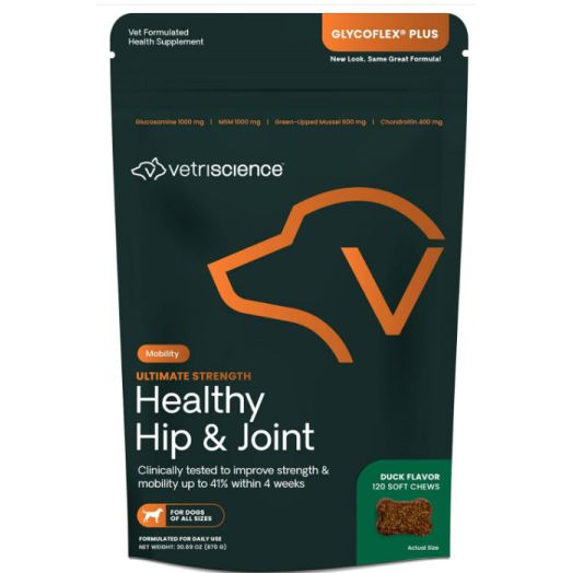 VetriScience Laboratories GlycoFlex PLUS, Clinically Proven Hip and Joint Supplement for Dogs with Chondroitin, Perna, MSM and Glucosamine. 120 Bite Size Chews now in 3 Zesty Flavors | VetriScience Laboratories