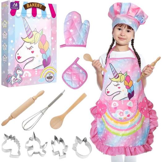 Vanmor Unicorn Kids Cooking and Baking Sets, 11Pcs Kids Aprons for Girls, Kids Chef Hat and Pink Apron, Mitt & Utensil for Toddler Dress up Chef Costume Gifts for 3 4 5 6 7 8 Years Old Girls