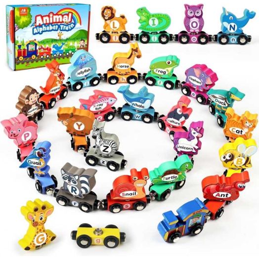 Vanmor Wooden Train Set for Toddlers - Snap-Connection Animal Trains, Magnetic Alphabet Train Learning Toys, STEM Preschool Toys, ABC and Animal Play Set for Kids Ages 3-5 Christmas Gifts for Kids
