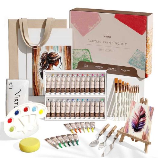 Virtu 58pc Acrylic Paint Kits, 36 Pack - 12 ML Multicolor Matte Acrylic Paint Set with Apron, Easle, 4 Canvases, 10 Brushes and More