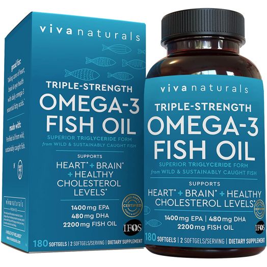 Viva Naturals Omega 3 Fish Oil Essential Fatty Acid Combinations, 180 capsules - Highly Concentrated Fish Oil Omega 3 Pills, Burpless, 2,200mg Fish Oil/serving (1400mg of EPA and 480 mg of DHA)