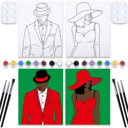 VOCHIC Couples Paint Party Kits Pre Drawn Canvas for Adults for Paint and Sip Date Night Games for Couples Painting kit 8x10 Elegant Ladies Gentlemen (2pack)