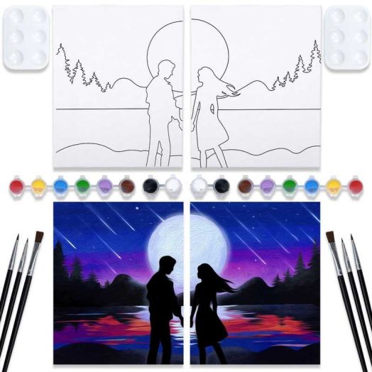 VOCHIC Couples Paint Party Kits Pre Drawn Canvas for Adults for Paint and Sip Date Night Games for Couples Painting kit 8x10 Date Nighet Valentine's Day(2 Pack)